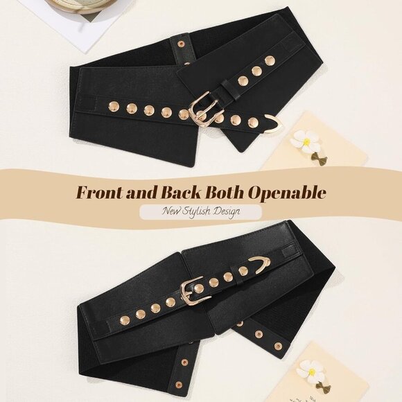 Women Elastic Chunky Stretchy Elegance Belt with Gold Rivets Buckle Daily Black main image 7